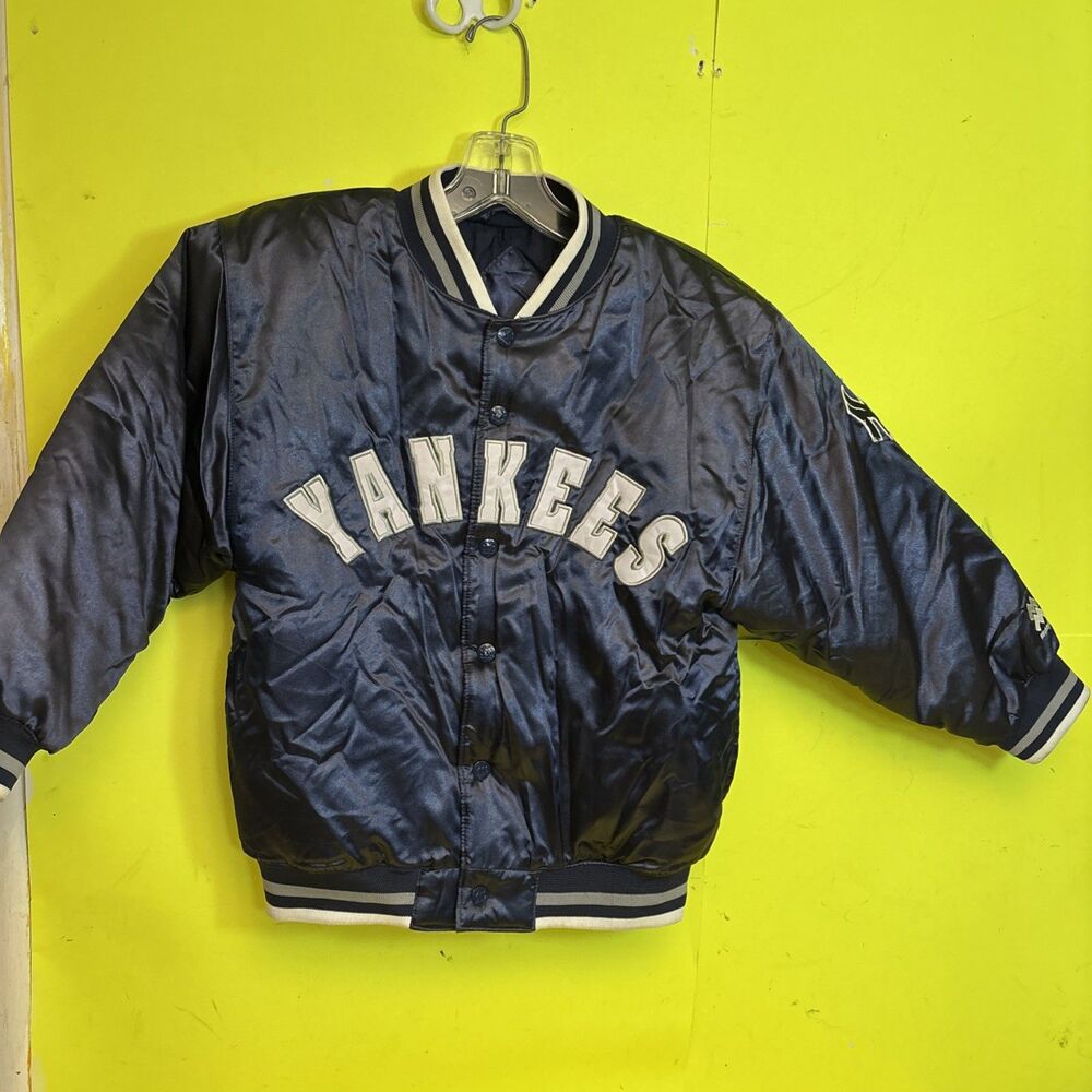 Vintage NY Yankees Padded Satin Bomber Jacket Mighty Mac Youth Size S 8/10 Navy